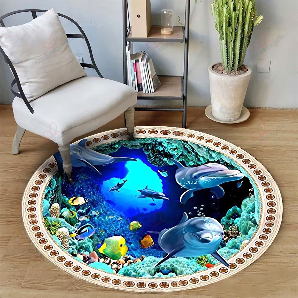 Dolphin In Ocean Round Carpet Floor Rug Living Room Bedroom Decor Round Area Rug Carpet Dolphin In Ocean Round Carpet Floor Rug Living Room Bedroom Decor Round Area Rug Carpet