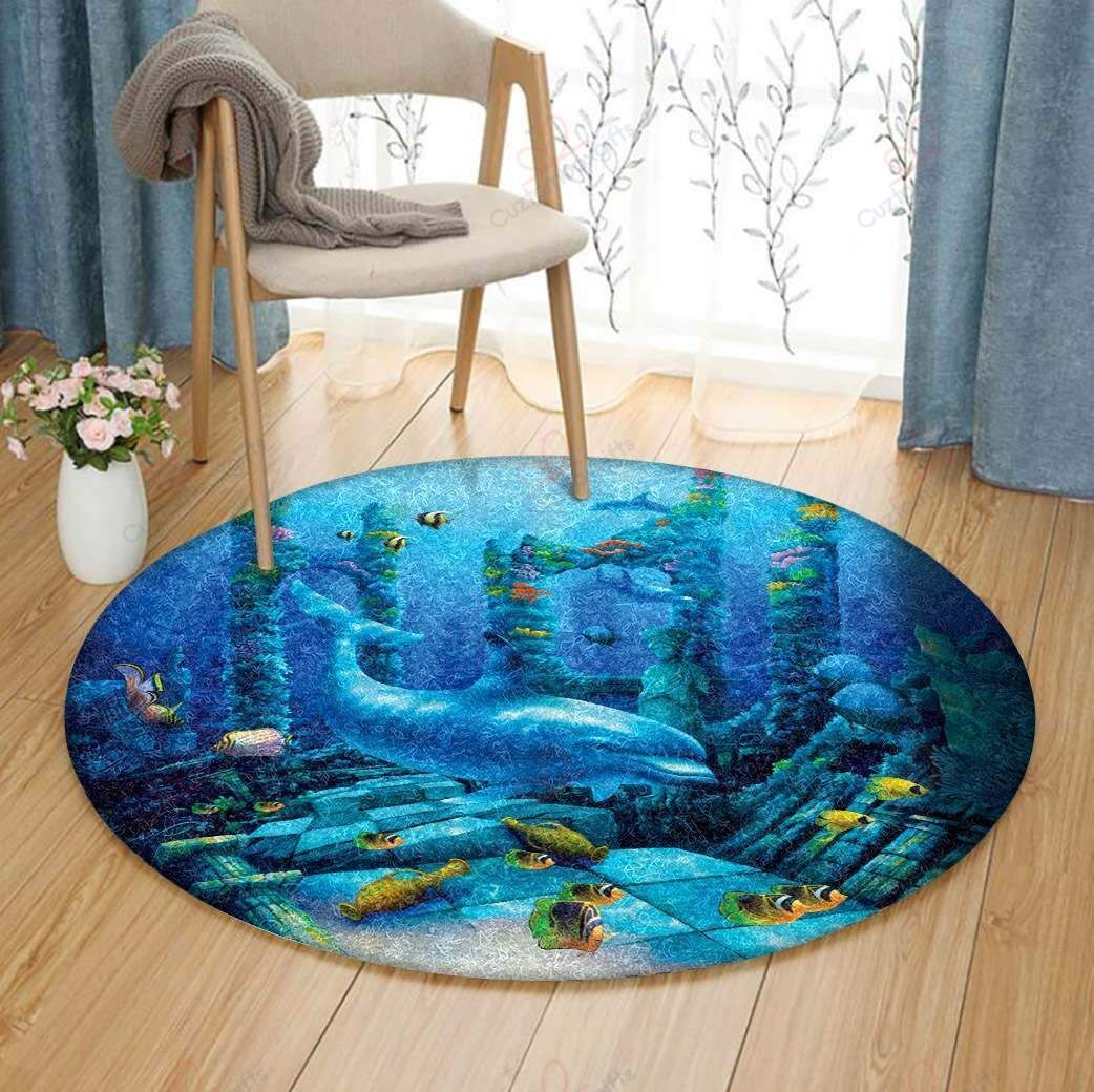 Dolphin In Ocean Round Carpet Floor Rug Living Room Bedroom Decor Round Area Rug Carpet Dolphin In Ocean Round Carpet Floor Rug Living Room Bedroom Decor Round Area Rug Carpet