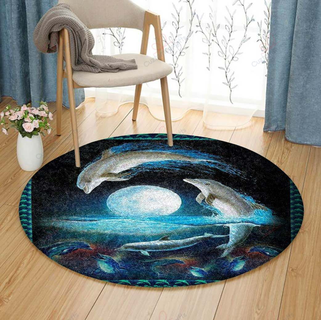 Dolphin Jumping In Moon Night Round Carpet Floor Rug Living Room Bedroom Decor Round Area Rug Carpet Dolphin Jumping In Moon Night Round Carpet Floor Rug Living Room Bedroom Decor Round Area Rug Carpet