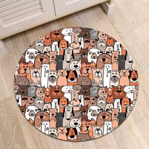 Doodle Dogs And Cats Round Carpet Floor Rug Living Room Bedroom Decor Round Area Rug Carpet