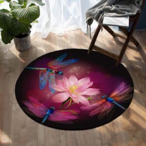 Dragonflies And Lotus Round Carpet Floor Rug Living Room Bedroom Decor Round Area Rug Carpet
