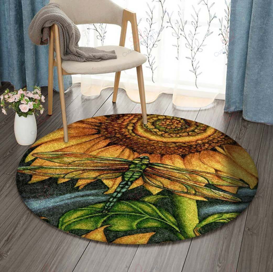Dragonfly And Sunflower Round Carpet Floor Rug Living Room Bedroom Decor Round Area Rug Carpet Dragonfly And Sunflower Round Carpet Floor Rug Living Room Bedroom Decor Round Area Rug Carpet