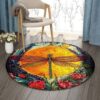 Dragonfly Flower Round Carpet Floor Rug Living Room Bedroom Decor Round Area Rug Carpet
