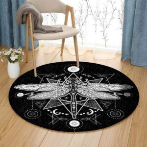 Dragonfly In Black Round Carpet Floor Rug Living Room Bedroom Decor Round Area Rug Carpet