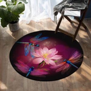 Dragonfly Insect Floral Lotus Nature Round Carpet Floor Rug Living Room Bedroom Decor Round Area Rug Carpet