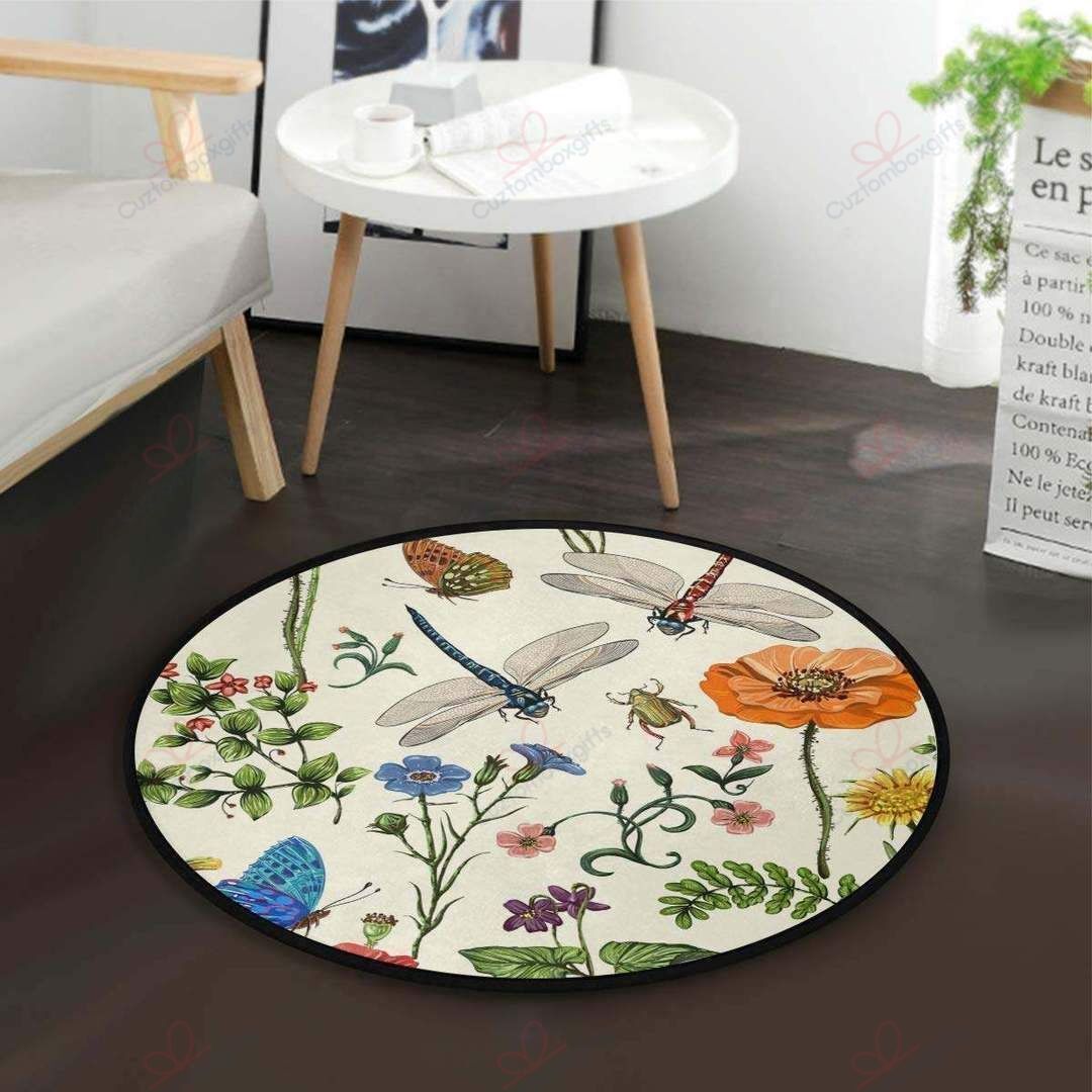 Dragonfly Nad Flowers Round Carpet Floor Rug Living Room Bedroom Decor Round Area Rug Carpet Dragonfly Nad Flowers Round Carpet Floor Rug Living Room Bedroom Decor Round Area Rug Carpet