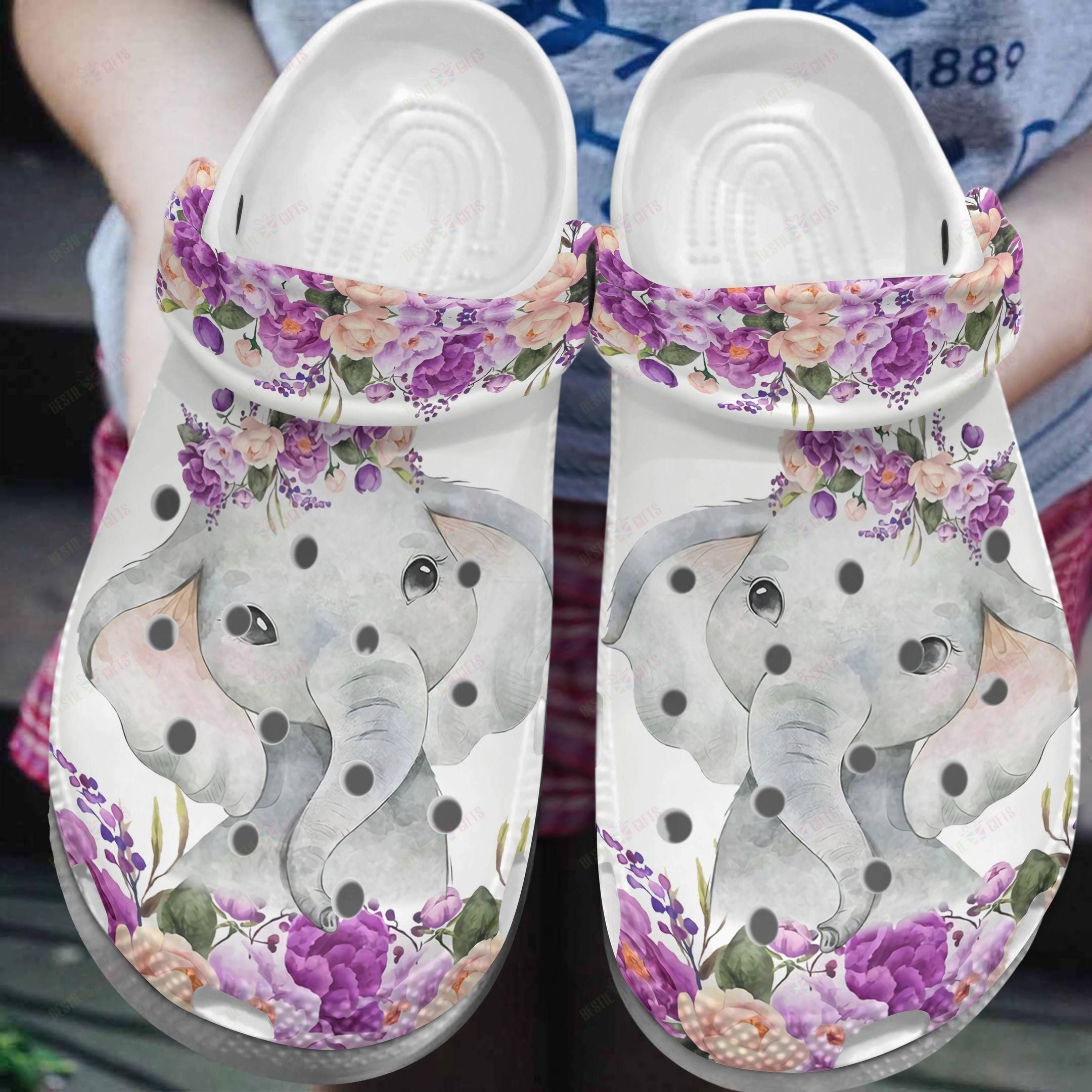 Elephant Crocs Clog Classic Clog Whitesole Elephant And Flowers Shoes Elephant Crocs Clog Classic Clog Whitesole Elephant And Flowers Shoes
