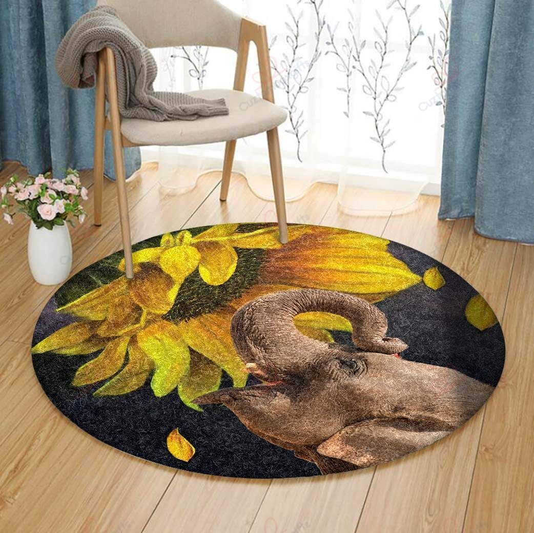 Elephant With Sunflowers Round Carpet Floor Rug Living Room Bedroom Decor Round Area Rug Carpet Elephant With Sunflowers Round Carpet Floor Rug Living Room Bedroom Decor Round Area Rug Carpet