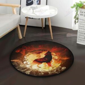 Fire Wolf Locked In A Moon Round Carpet Floor Rug Living Room Bedroom Decor Round Area Rug Carpet