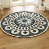 Fleur Medallion Navy Round Carpet Floor Rug Living Room Bedroom Decor Round Area Rug Carpet