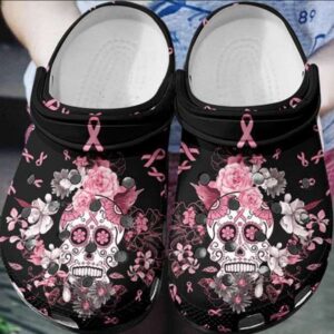 Floral Skull Breast Cancer Awareness Crocs Clog Clog Shoes