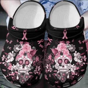 Floral Skull Breast Cancer Awareness Crocs Crocband Clog Comfortable For Mens Womens Classic Clog Water Shoes