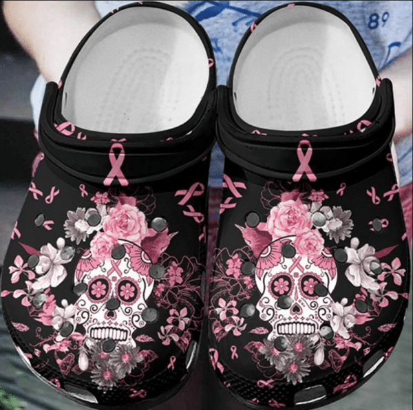 Floral Skull Breast Cancer Awareness Crocs Crocband Clog Comfortable For Mens Womens Classic Clog Water Shoes Floral Skull Breast Cancer Awareness Crocs Crocband Clog Comfortable For Mens Womens Classic Clog Water Shoes
