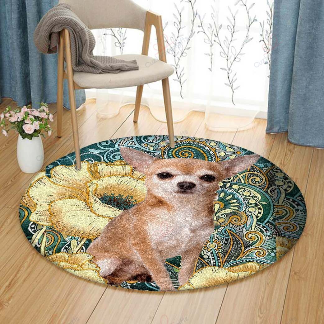 Flower Chihuahua Dog Round Carpet Floor Rug Living Room Bedroom Decor Round Area Rug Carpet Flower Chihuahua Dog Round Carpet Floor Rug Living Room Bedroom Decor Round Area Rug Carpet