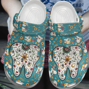 Flower Teeth Shoes Clog – Cute Tooth Pattern Dentist Crocs Clog Crocbland Clog Birthday Gift For Boy Girl Man Woman
