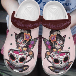 Girl In Skull Cup Crocs Clog Shoes – Butterfly Girl Shoes Crocbland Clog Gifts For Girl Daughter Sister