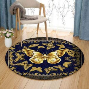 Gold Butterfly Round Carpet Floor Rug Living Room Bedroom Decor Round Area Rug Carpet