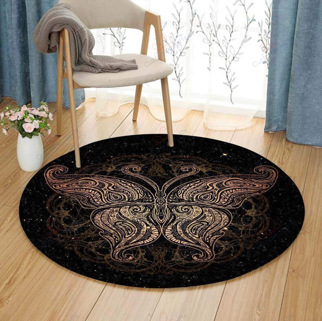 Gold Butterfly In Black Round Carpet Floor Rug Living Room Bedroom Decor Round Area Rug Carpet Gold Butterfly In Black Round Carpet Floor Rug Living Room Bedroom Decor Round Area Rug Carpet