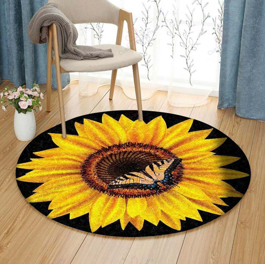 Gold Sunflower And Butterfly Round Carpet Floor Rug Living Room Bedroom Decor Round Area Rug Carpet Gold Sunflower And Butterfly Round Carpet Floor Rug Living Room Bedroom Decor Round Area Rug Carpet