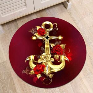 Golden Anchor Round Carpet Floor Rug Living Room Bedroom Decor Round Area Rug Carpet