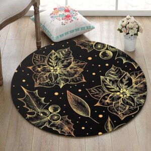 Golden Flowers Leaves Round Carpet Floor Rug Living Room Bedroom Decor Round Area Rug Carpet