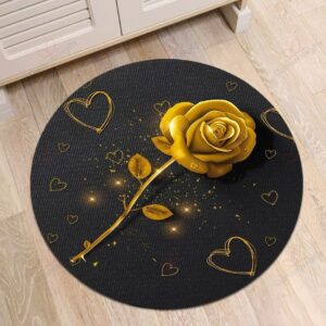 Golden Rose Hearts Round Carpet Floor Rug Living Room Bedroom Decor Round Area Rug Carpet