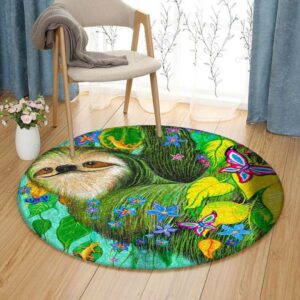 Green Sloth And Butterfly Round Carpet Floor Rug Living Room Bedroom Decor Round Area Rug Carpet