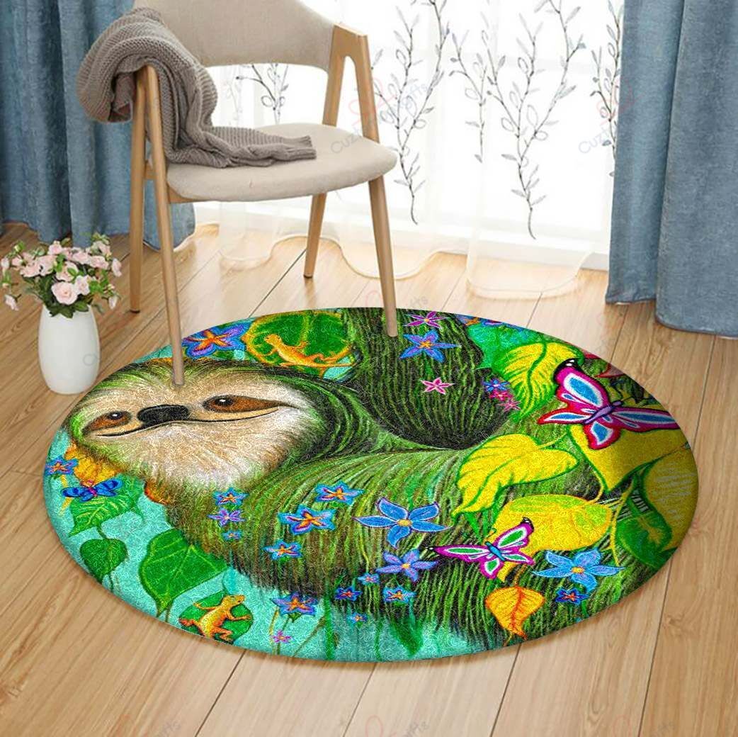 Green Sloth And Butterfly Round Carpet Floor Rug Living Room Bedroom Decor Round Area Rug Carpet Green Sloth And Butterfly Round Carpet Floor Rug Living Room Bedroom Decor Round Area Rug Carpet
