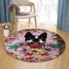 Happy Boston Terrier With Flowers Round Carpet Floor Rug Living Room Bedroom Decor Round Area Rug Carpet
