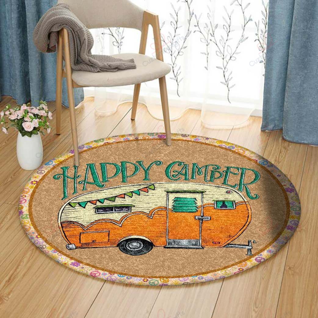 Happy Camper Round Carpet Floor Rug Living Room Bedroom Decor Round Area Rug Carpet Happy Camper Round Carpet Floor Rug Living Room Bedroom Decor Round Area Rug Carpet