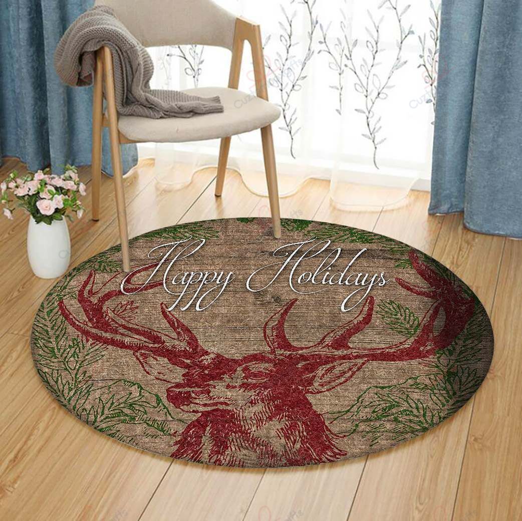 Happy Holidays Deer Round Carpet Floor Rug Living Room Bedroom Decor Round Area Rug Carpet Happy Holidays Deer Round Carpet Floor Rug Living Room Bedroom Decor Round Area Rug Carpet