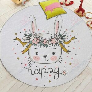 Happy Rabbit Round Carpet Floor Rug Living Room Bedroom Decor Round Area Rug Carpet