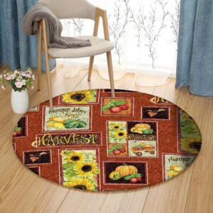 Harvest Fall Leaves Squash And Sunflowers With Paisleys Round Carpet Floor Rug Living Room Bedroom Decor Round Area Rug Carpet