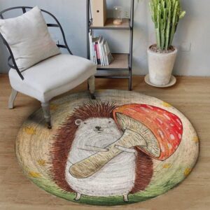 Hedgehog Holding Mushroom Round Carpet Floor Rug Living Room Bedroom Decor Round Area Rug Carpet