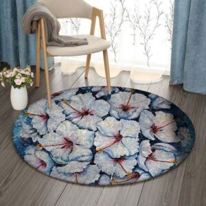 Hibiscus White Round Carpet Floor Rug Living Room Bedroom Decor Round Area Rug Carpet