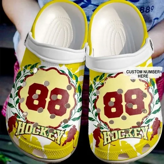 Hockey Passion Yellow Personalize Clog Custom Crocs Clog Number On Sandal Fashion Style Comfortable For Women Men Kid Hockey Passion Yellow Personalize Clog Custom Crocs Clog Number On Sandal Fashion Style Comfortable For Women Men Kid
