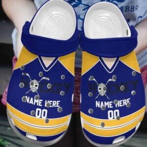 Hockey Uniform Royal Blue Yellow Personalize Clog Custom Crocs Clog Number Fashion Style Comfortable For Women Men Kid