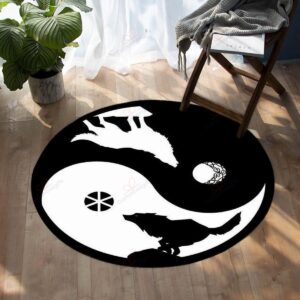 Howling Yin Yang Wolf Native American Round Carpet Floor Rug Living Room Bedroom Decor Round Area Rug Carpet
