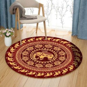 Indian Elephant Pattern Round Carpet Floor Rug Living Room Bedroom Decor Round Area Rug Carpet