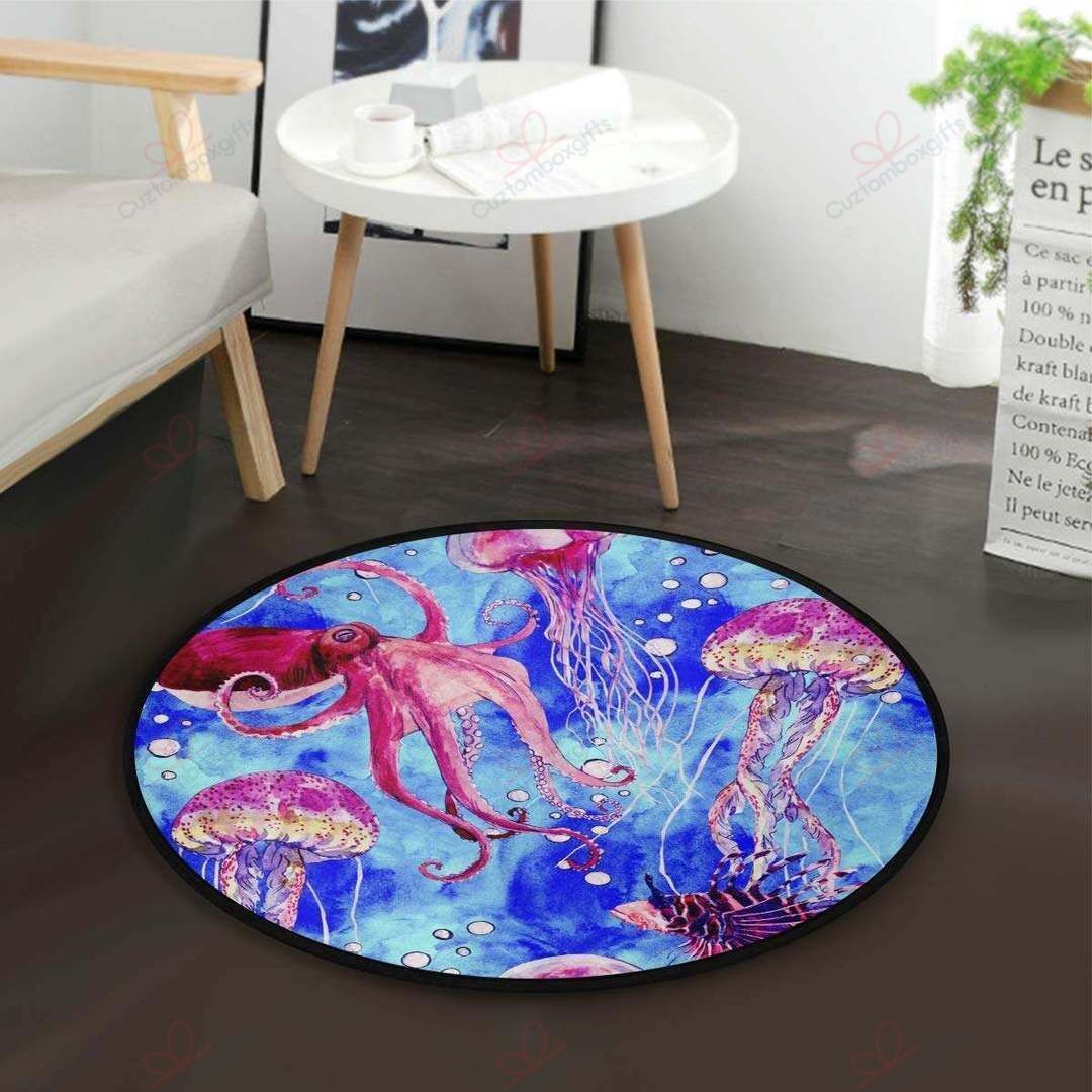 Jellyfish And Octopus Round Carpet Floor Rug Living Room Bedroom Decor Round Area Rug Carpet Jellyfish And Octopus Round Carpet Floor Rug Living Room Bedroom Decor Round Area Rug Carpet