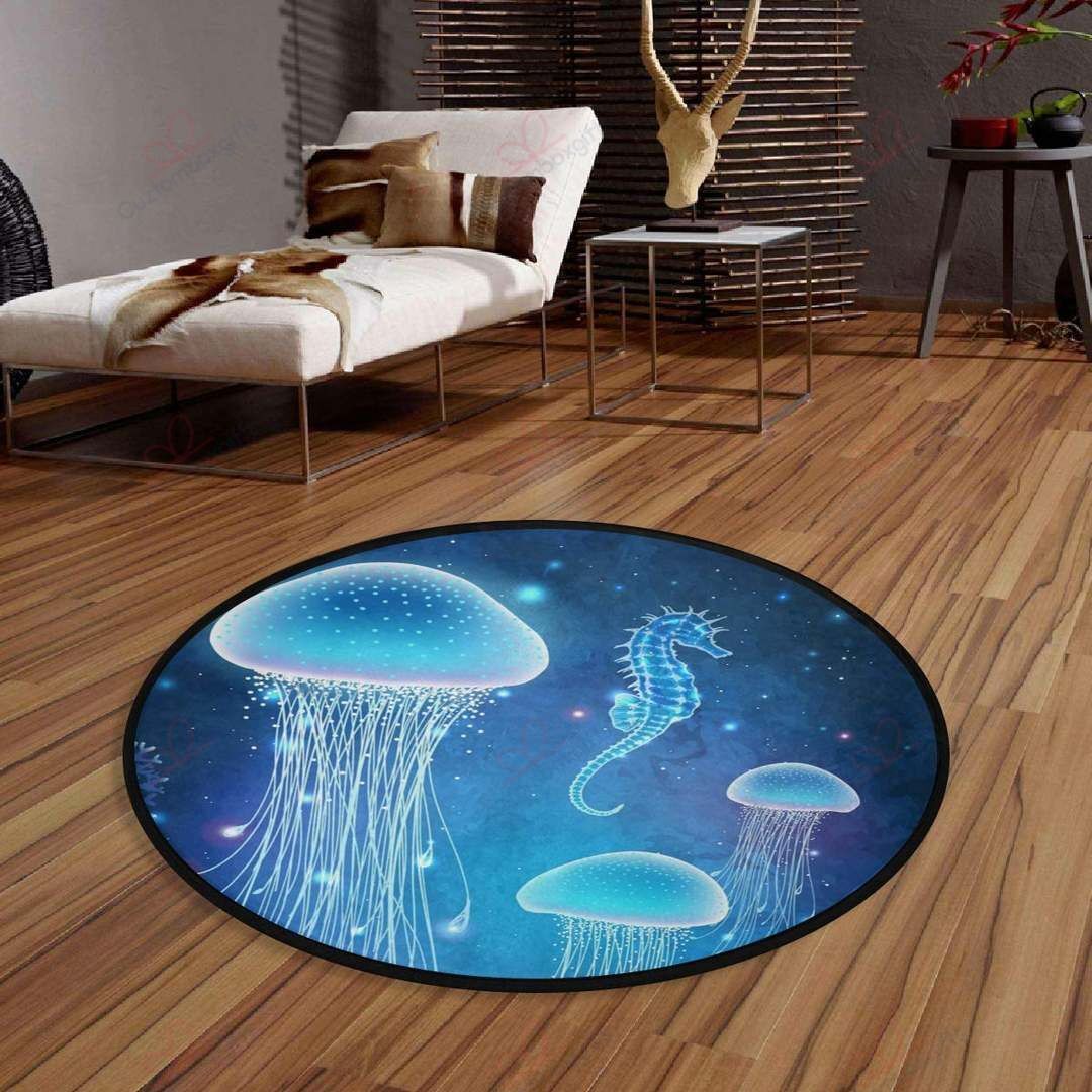 Jellyfish And Seahorse Round Carpet Floor Rug Living Room Bedroom Decor Round Area Rug Carpet Jellyfish And Seahorse Round Carpet Floor Rug Living Room Bedroom Decor Round Area Rug Carpet