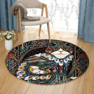 Jeweled Cat Round Carpet Floor Rug Living Room Bedroom Decor Round Area Rug Carpet