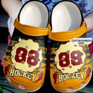 Just A Hockey Lover Orange Personalize Clog Custom Crocs Clog Number On Sandal Fashion Style Comfortable For Women Men Kid