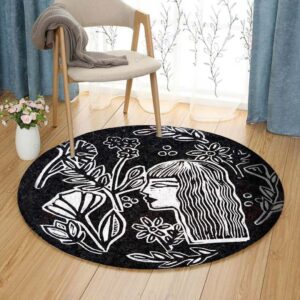 Lady And Flowers Round Carpet Floor Rug Living Room Bedroom Decor Round Area Rug Carpet