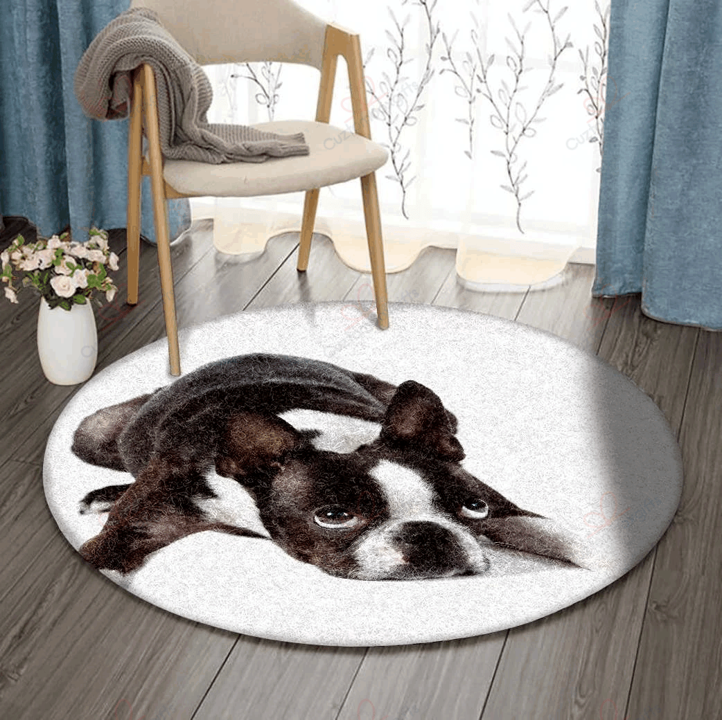 Lazy Boston Terrier Lying Round Carpet Floor Rug Living Room Bedroom Decor Round Area Rug Carpet Lazy Boston Terrier Lying Round Carpet Floor Rug Living Room Bedroom Decor Round Area Rug Carpet