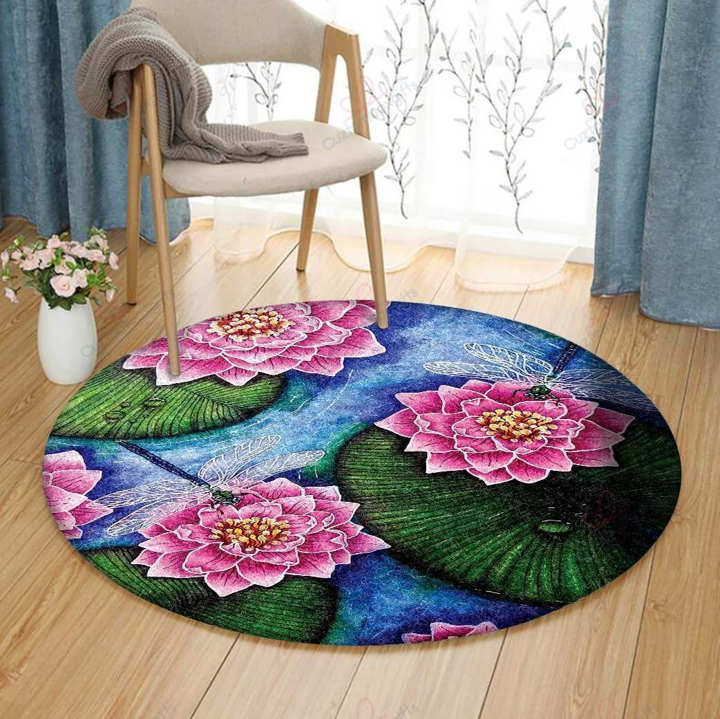 Lotus And Dragonfly Round Carpet Floor Rug Living Room Bedroom Decor Round Area Rug Carpet Lotus And Dragonfly Round Carpet Floor Rug Living Room Bedroom Decor Round Area Rug Carpet