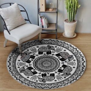 Meditation Black Elephant Round Carpet Floor Rug Living Room Bedroom Decor Round Area Rug Carpet