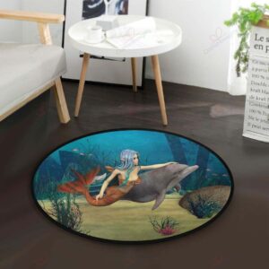 Mermaid And Dolphin Round Carpet Floor Rug Living Room Bedroom Decor Round Area Rug Carpet