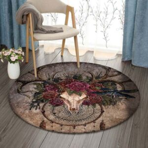 Native Buffalo Skull Dreamcatcher And Rose Round Carpet Floor Rug Living Room Bedroom Decor Round Area Rug Carpet