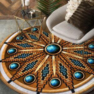 Naumaddic Arts Blue Stone Rosette Native American Round Carpet Floor Rug Living Room Bedroom Decor Round Area Rug Carpet